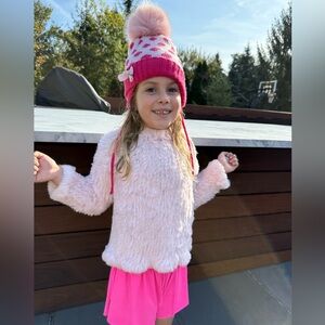 Kids Adrienne Landau Embellished Trapper Hat Fox Fur Pom in Pink